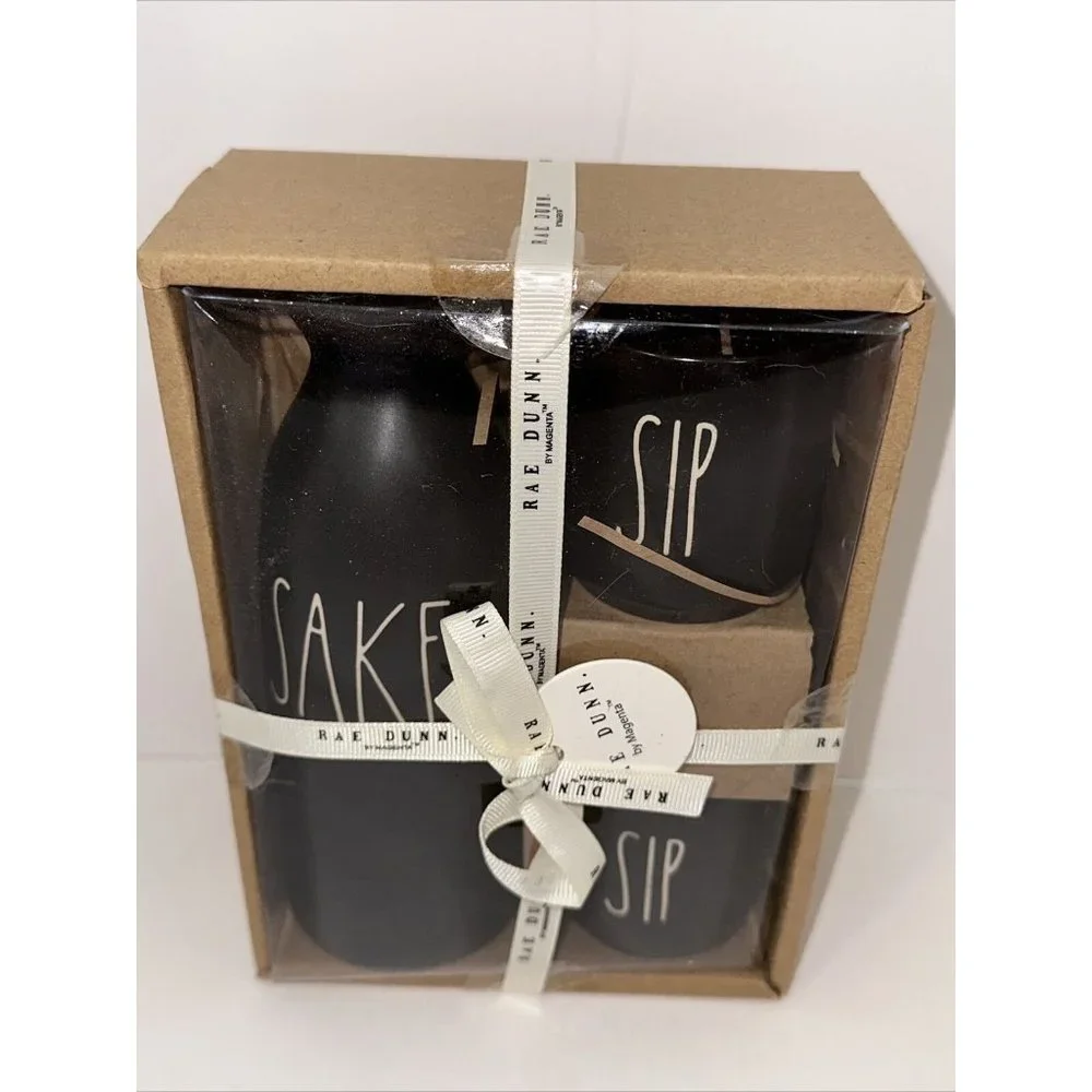 Rae Dunn SAKE Set AND‎ SIP Black Magenta Artisan Collection LL Sushi Brand New